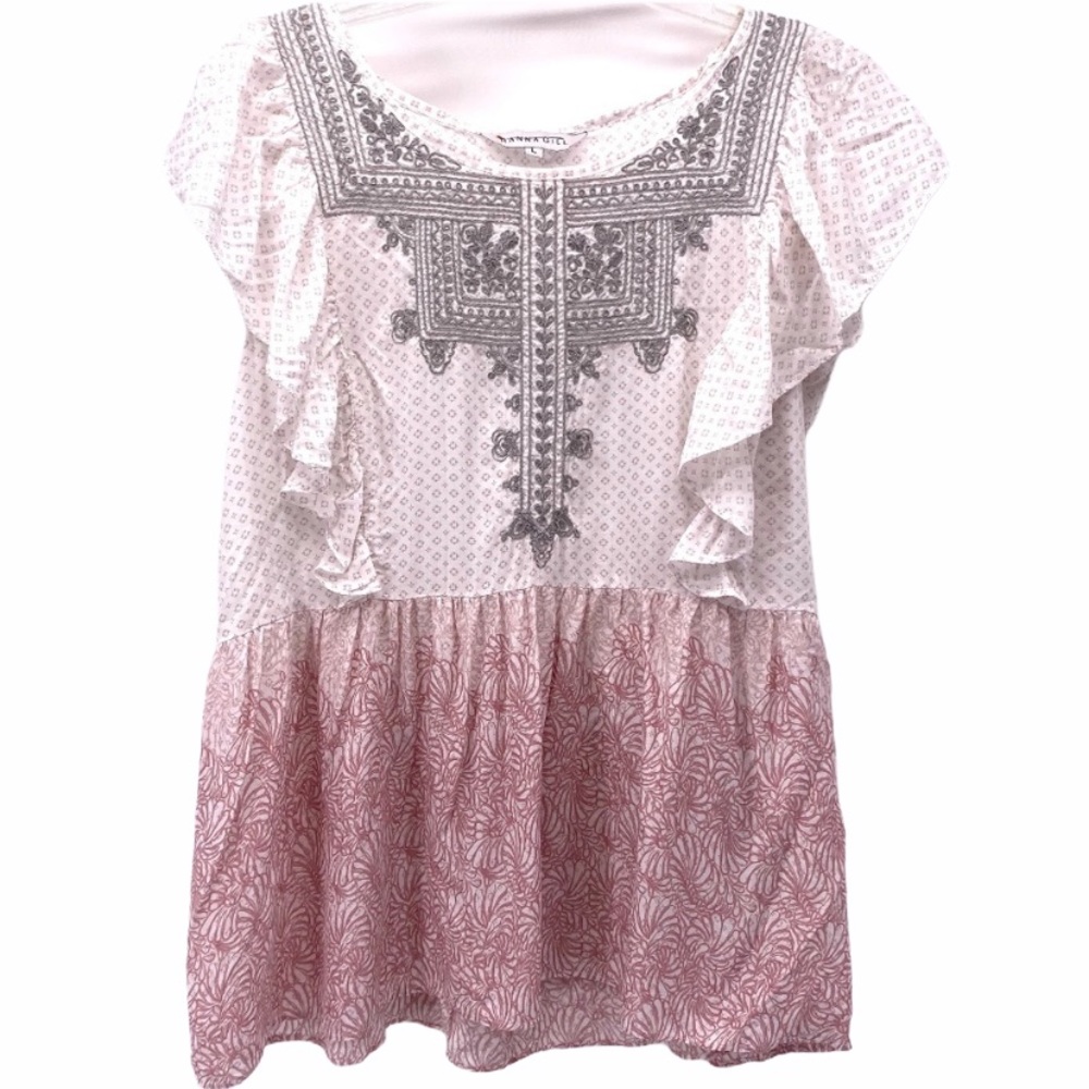 ANTHRO. MULTI-PRINT EMBROIDERED RUFFLE SLEEVE TOP